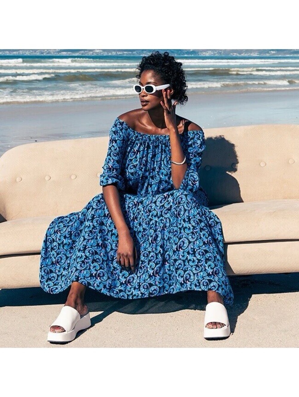 Ulla Popkin Women’s 28/30 Paisley Slouchy Maxi Dress Blue Off Shoulder Viscose